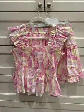 Hill House Home Pink and Yellow Smocked Ruffle Tank Top & Skirt Set size M